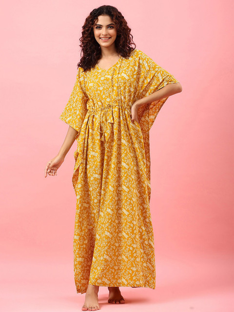 

JISORA Mustard Printed Pure Cotton Maxi Kaftan Nightdress
