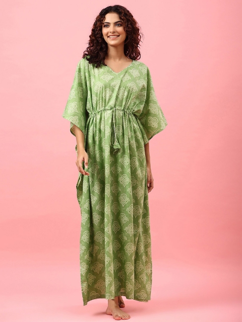 

JISORA Women Green Printed Cotton Maxi Night Dress Kaftan