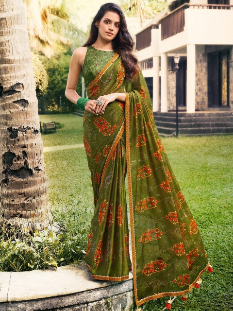 

Saree mall Olive Green & Orange Floral Pure Chiffon Sarees