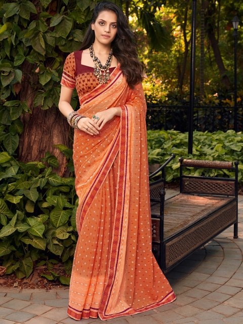 

Saree mall Women Peach & White Floral Pure Chiffon Mangalagiri Saree