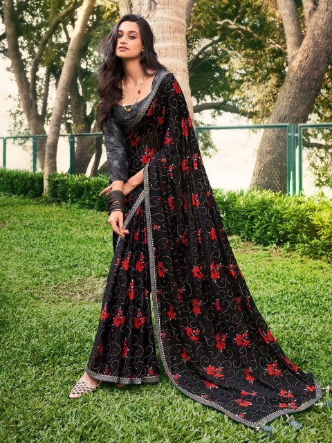 

Saree mall Black & Red Floral Embellished Pure Chiffon Saree