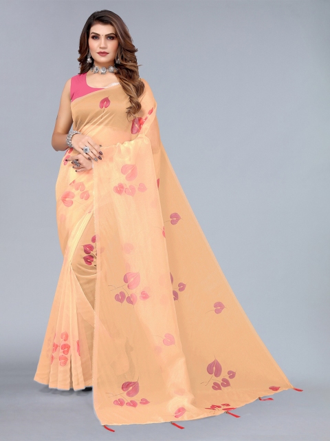 

Nimayaa Light Orange & Pink Floral Printed Organza Saree