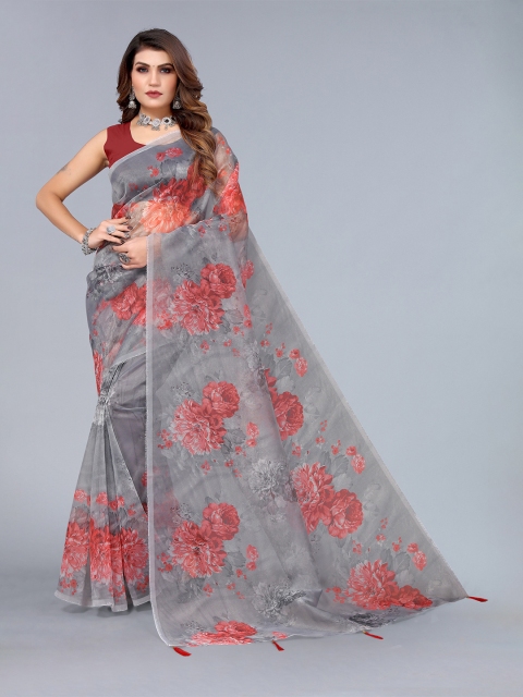 

Nimayaa Grey & Peach-Colored Floral Printed Organza Saree