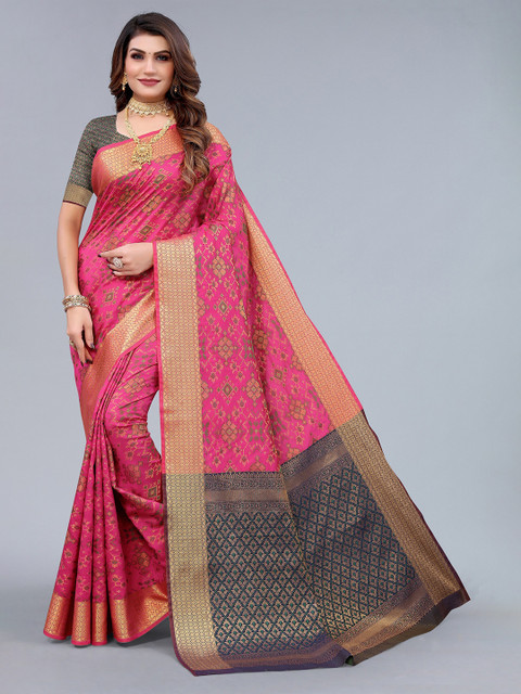 

Nimayaa Pink & Blue Ethnic Motifs Woven design Zari Silk Blend Saree