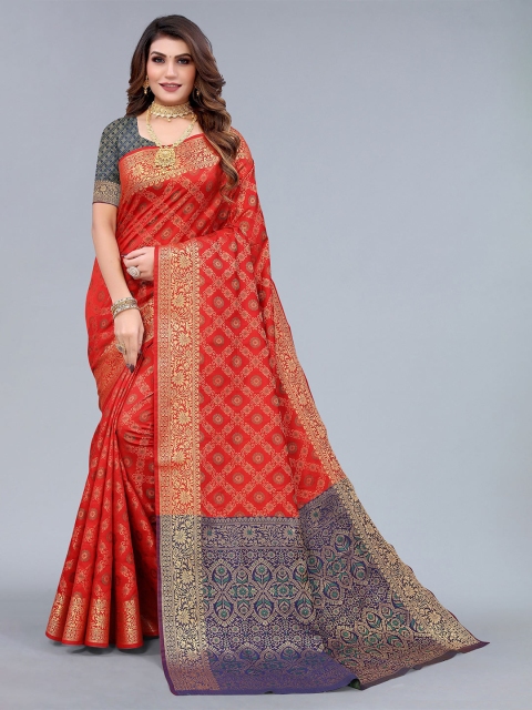 

Nimayaa Red & Blue Floral Woven design Zari Silk Blend Saree