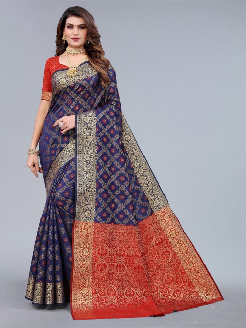 

Nimayaa Blue & Red Floral Woven design Zari Silk Blend Saree