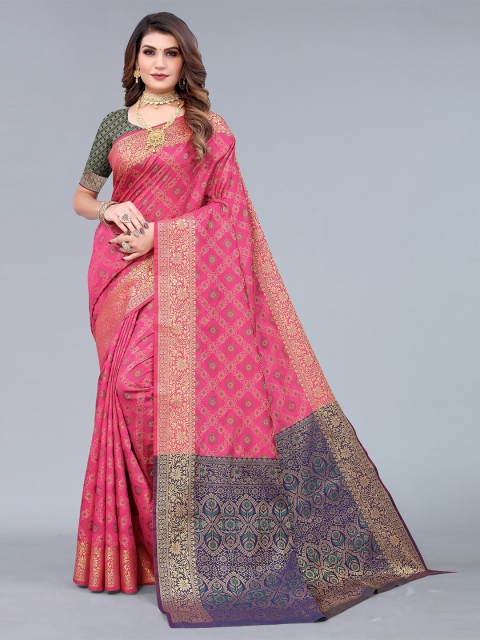 

Nimayaa Pink & Blue Floral Woven design Zari Silk Blend Saree