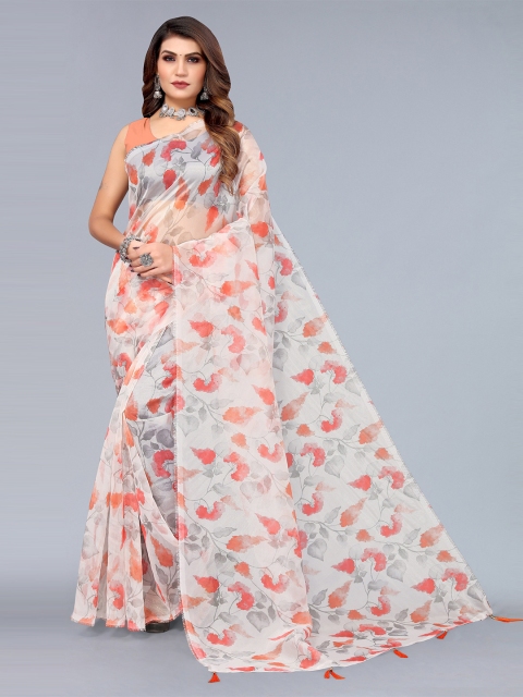 

Nimayaa White & Peach-Coloured Floral Printed Organza Saree