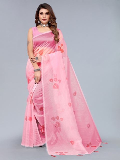 

Nimayaa Pink & Red Floral Printed Organza Saree