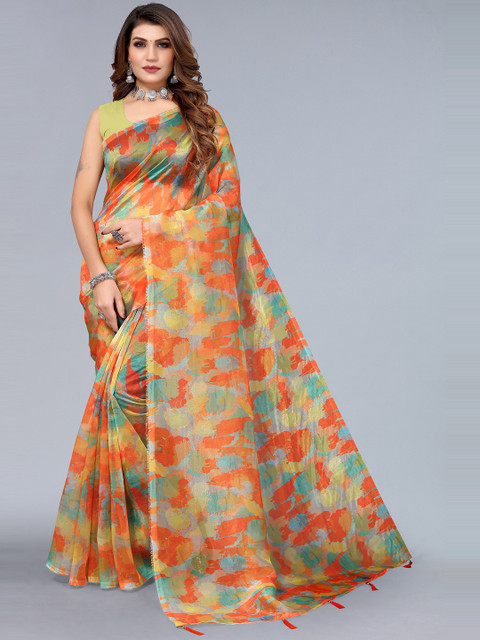 

Nimayaa Red & Green Primted Organza Saree