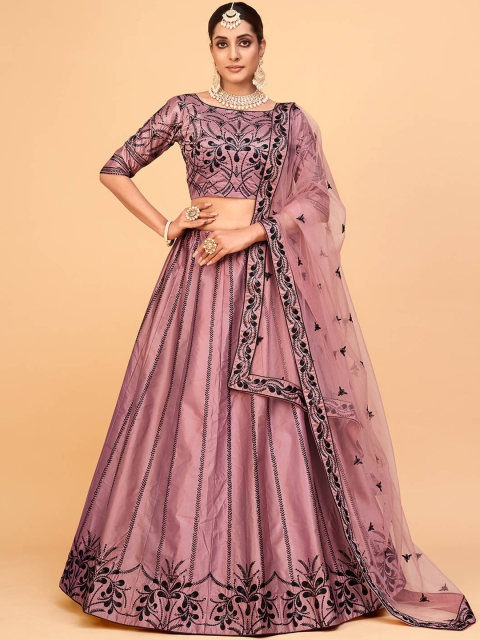 

FABPIXEL Peach-Coloured & Black Embroidered Thread Work Semi-Stitched Lehenga & Unstitched Blouse With