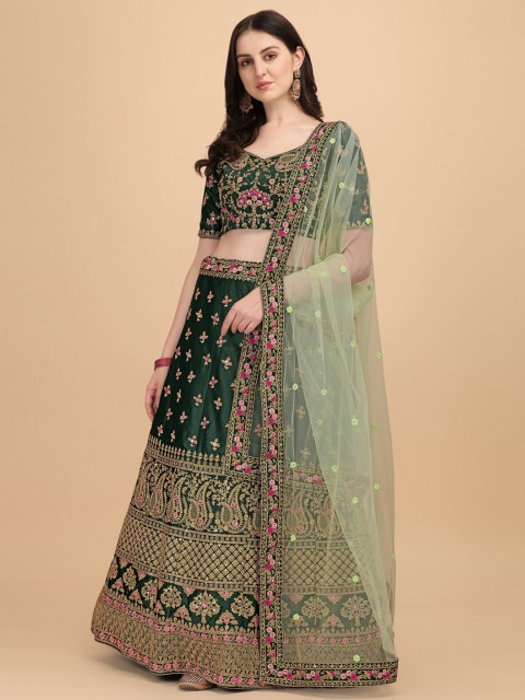 

Fab Viva Green & Pink Embroidered Semi-Stitched Lehenga & Unstitched Blouse With Dupatta