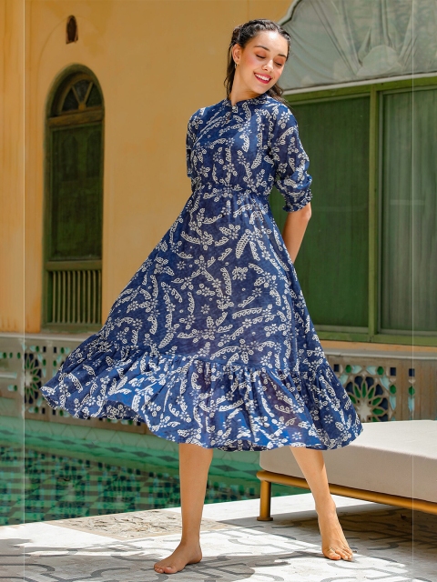 

JISORA Women Blue Floral Printed Layered A-Line Cotton Midi Dress