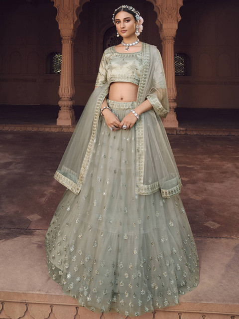 

FABPIXEL Grey Embroidered Sequinned Semi-Stitched Lehenga & Unstitched Blouse With Dupatta