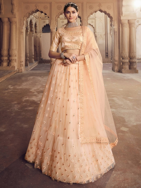 

FABPIXEL Peach-Coloured & Gold-Toned Embroidered Sequinned Semi-Stitched Lehenga & Unstitched Blouse With