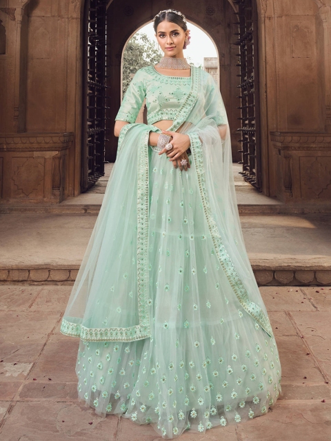 

FABPIXEL Sea Green & Gold-Toned Embroidered Sequinned Semi-Stitched Lehenga & Unstitched Blouse With Dupatta
