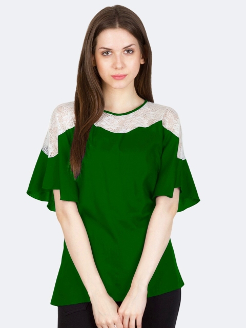 

PATRORNA Women Plus Size Green & White Lace Inserted Kimono Sleeve Top