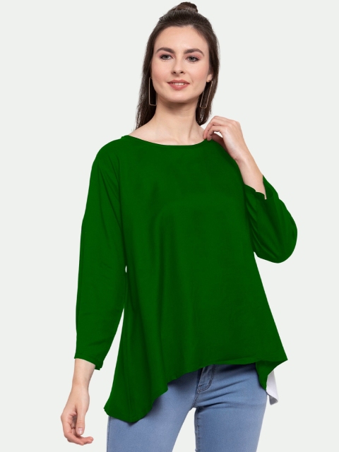 

PATRORNA Women Plus Size Bottle Green & White Solid A-Line Top