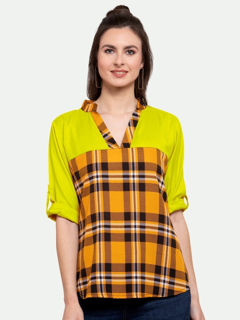 

PATRORNA Women Checked Mandarin Collar Roll-Up Sleeves Top, Yellow