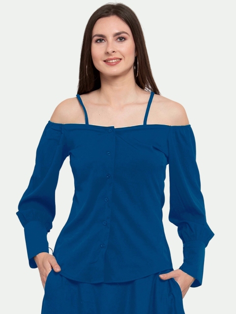 

PATRORNA Women Plus Size Blue Solid Off-Shoulder Shirt Style Top