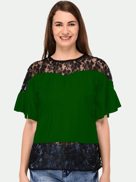 

PATRORNA Women Plus Size Green & Black Lace Inserted Top