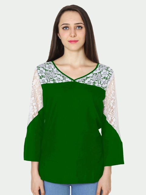 

PATRORNA Women Plus Size Green & White Lace Insert Regular Top