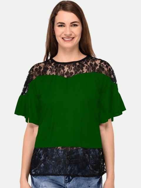 

PATRORNA Women Bottle Green & Black Lace Inserted Top