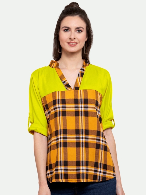 

PATRORNA Women Mustard Yellow Checked Roll-Up Sleeves Top