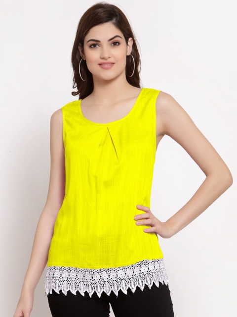 

PATRORNA Women Yellow & White Lace Inserted Casual Top