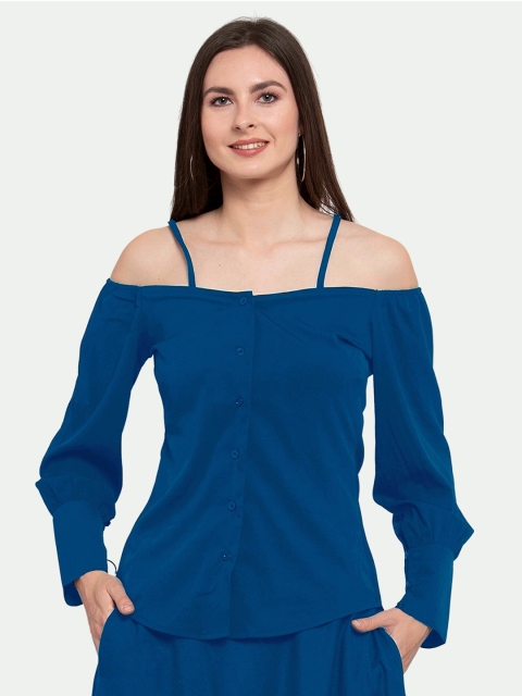 

PATRORNA Women Blue Off-Shoulder Shirt Style Top