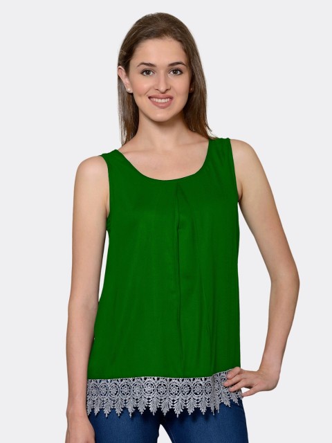 

PATRORNA Women Green & Grey Lace Inserted Casual Top