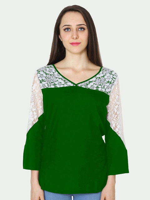 

PATRORNA Women Green & White Lace Detail Top