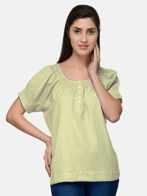 

PATRORNA Women Cream-Colored Solid Smocked Top