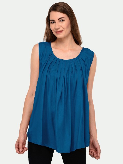 

PATRORNA Women Blue Solid Pleated Top