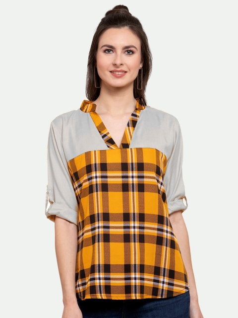 

PATRORNA Checked Mandarin Collar Roll-Up Sleeves Top, Yellow