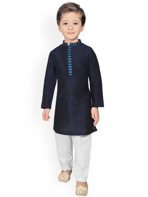 

SALWAR STUDIO Boys Navy Blue Patchwork Kurta with Pyjamas