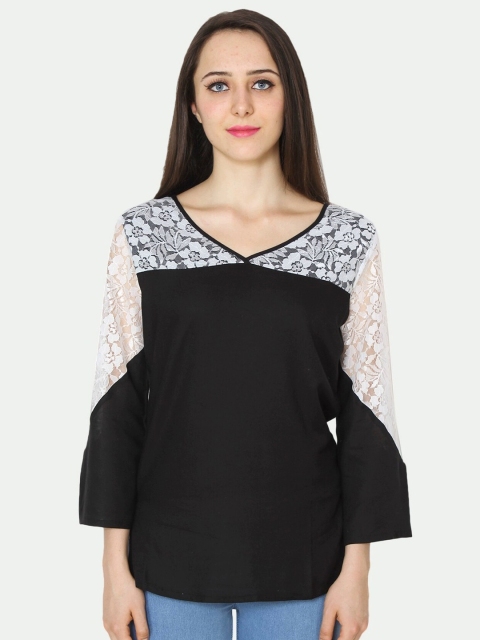 

PATRORNA Women Black & White Solid Lace Detail Regular Top
