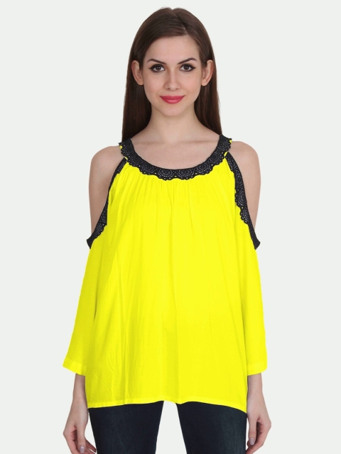 

PATRORNA Women Yellow Solid Cold Shoulder Sleeves Boxy Top