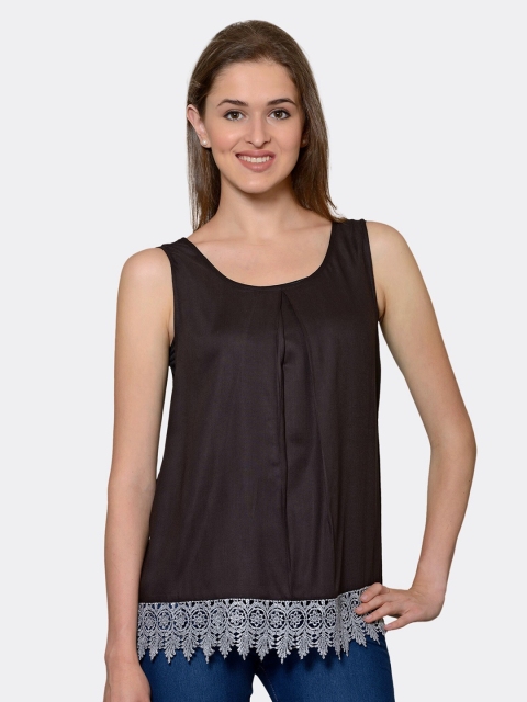 

PATRORNA Women Brown and White Solid Lace Detailed Top