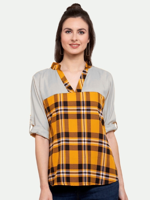 

PATRORNA Women Off White And Mustard Yellow Checked Mandarin Collar Roll-Up Sleeves Top