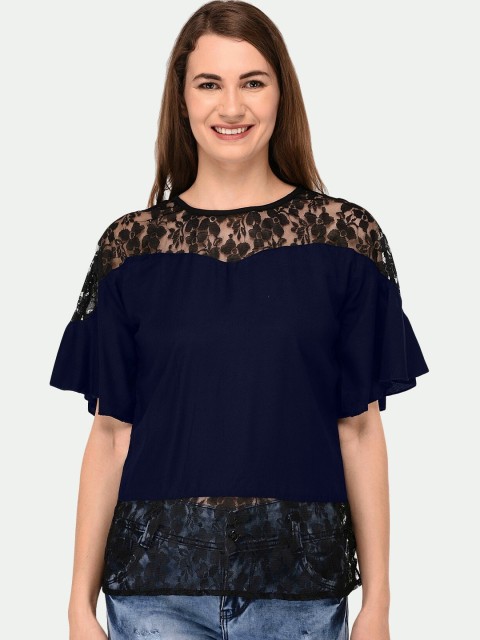

PATRORNA Women Navy Blue & Black Lace Inserted Kimono Sleeves Top