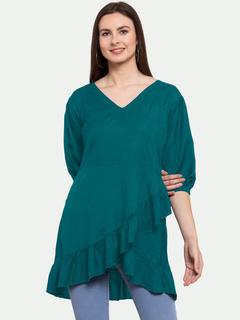 

PATRORNA Women Green Longline Solid Wrap Top