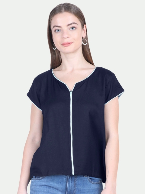 

PATRORNA Women Navy Blue Solid Regular Top