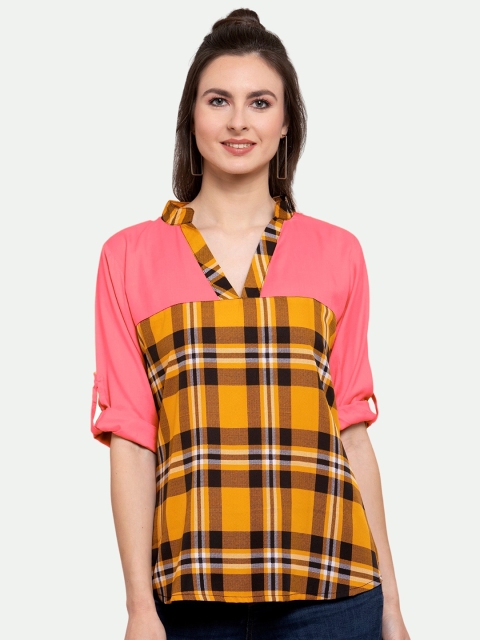 

PATRORNA Women Pink And Mustard Yellow Checked Mandarin Collar Roll-Up Sleeves Top