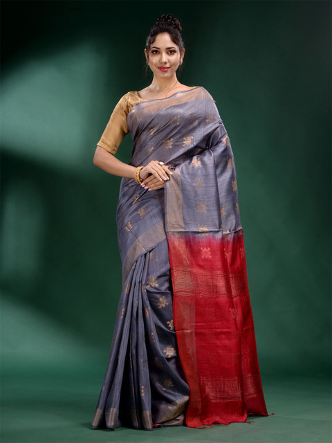 

Charukriti Grey & Red Woven Design Zari Tussar Silk Saree