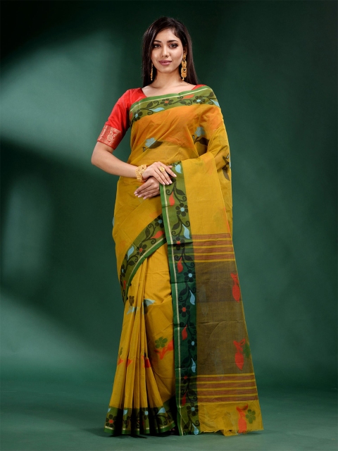 

Charukriti Mustard & Green Floral Printed Pure Cotton Saree