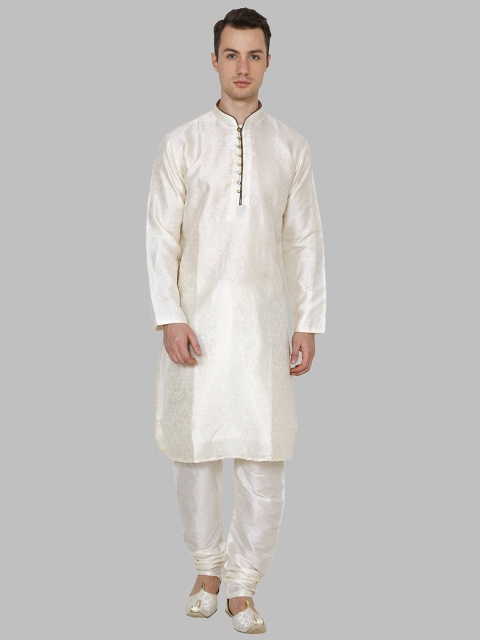 

ROYAL KURTA Men Off White Self Design Dupion Silk Kurta with Pyjama