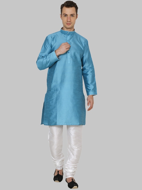 

ROYAL KURTA Men Turquoise Blue Woven Design Dupion Silk Kurta with Churidar