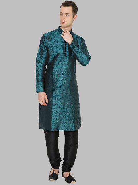 

ROYAL KURTA Men Green and Black Jacquard Dupion Silk Kurta with Churidar