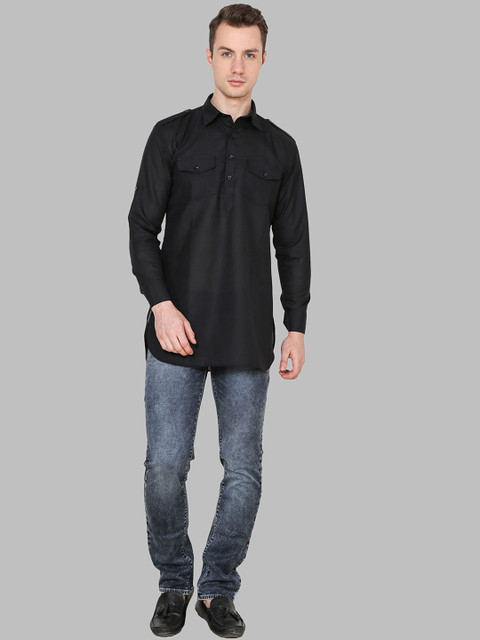 

ROYAL KURTA Men Black Geometric Thread Work Summer Sheers Pathani Kurta